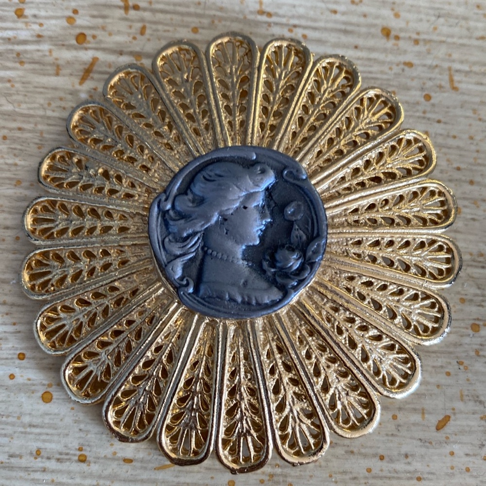 ✨Rare Celebrity NY Gold and Black Cameo Brooch